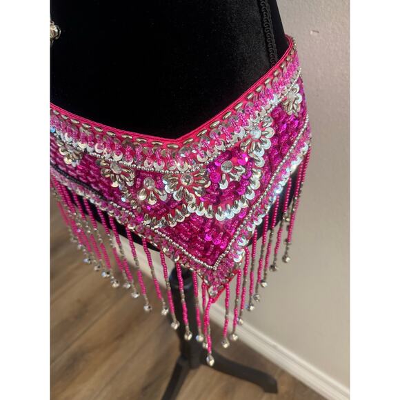 Costume x Belly Dance Sequin, Beaded, Fringe Two Piece Set Size 36 Pink - Picture 12 of 14